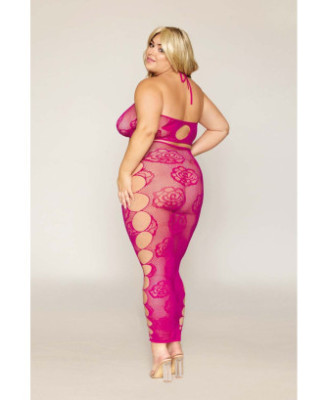 Ensemble Soutien-gorge et jupe longue en filet rose, grande taille 
